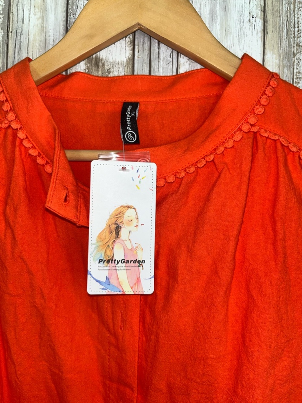 PrettyGarden Orange Cotton Blouse XL Puff Sleeve Button Front Boho Top - Picture 5 of 5